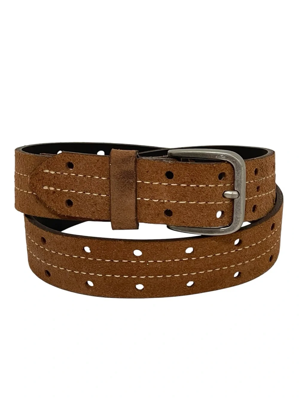Brown Suede Leather Belt Perforated Contrast Stitching Gun Metal Buckle Youth 27